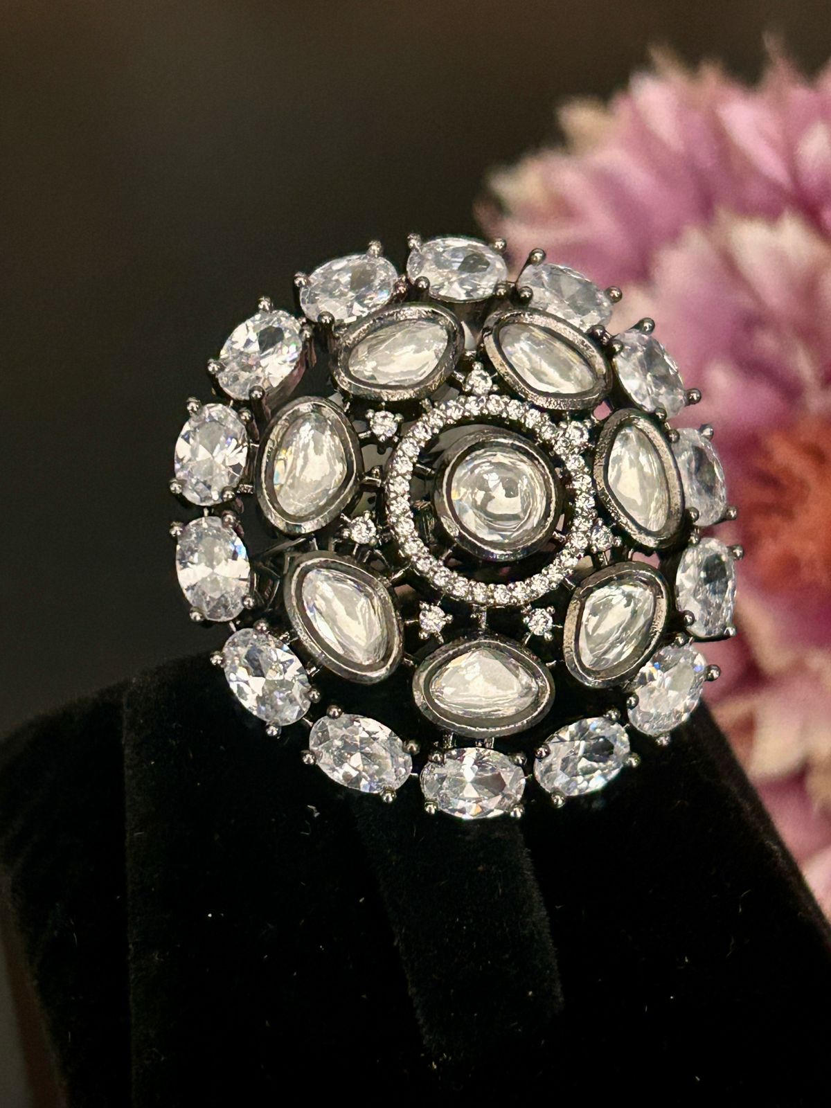 Royal Black & White Kundan Crystal Ring – Adjustable Cocktail Statement Ring